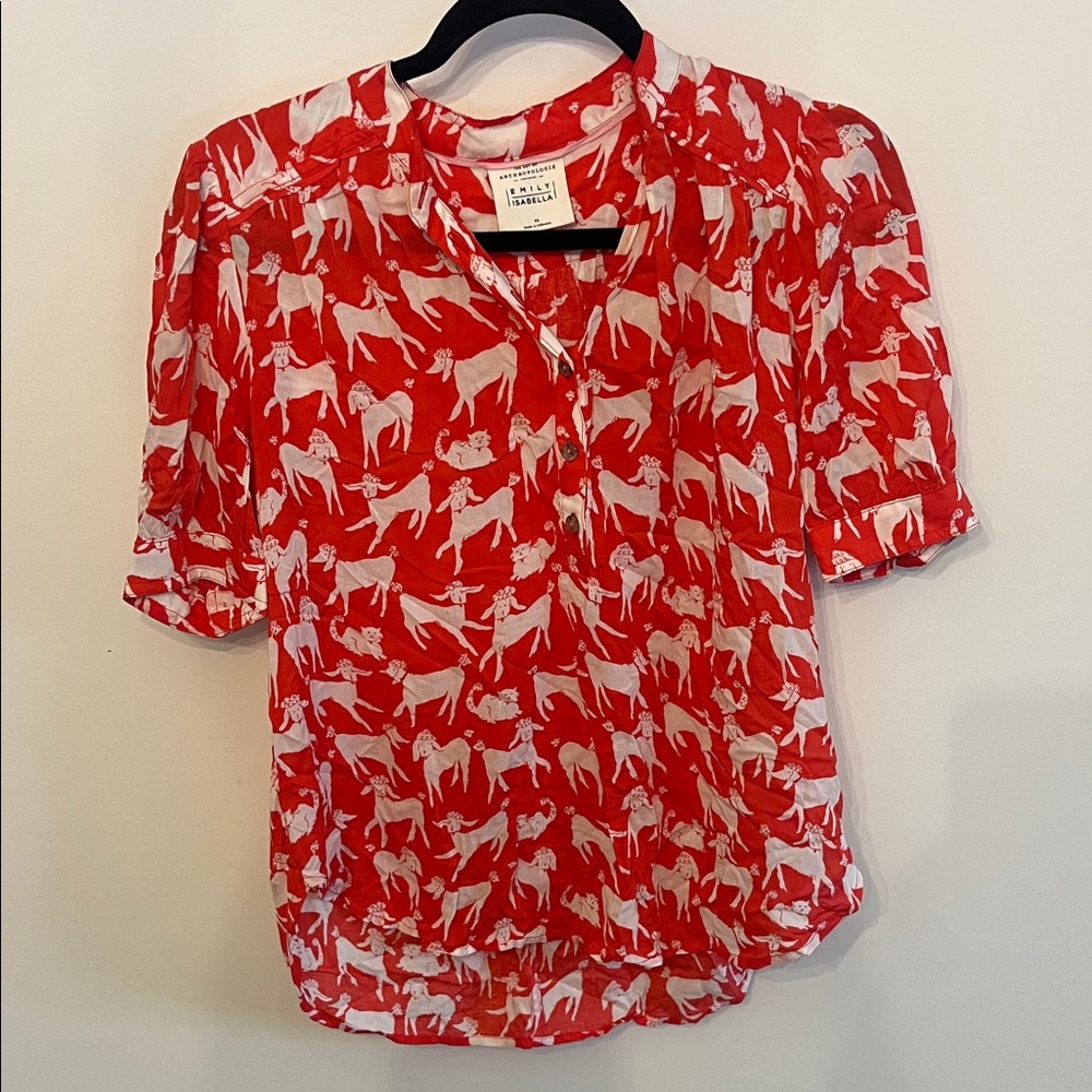 Anthropologie Red Blouse with White Animal Print by Emily Isabella - Picture 1 of 5